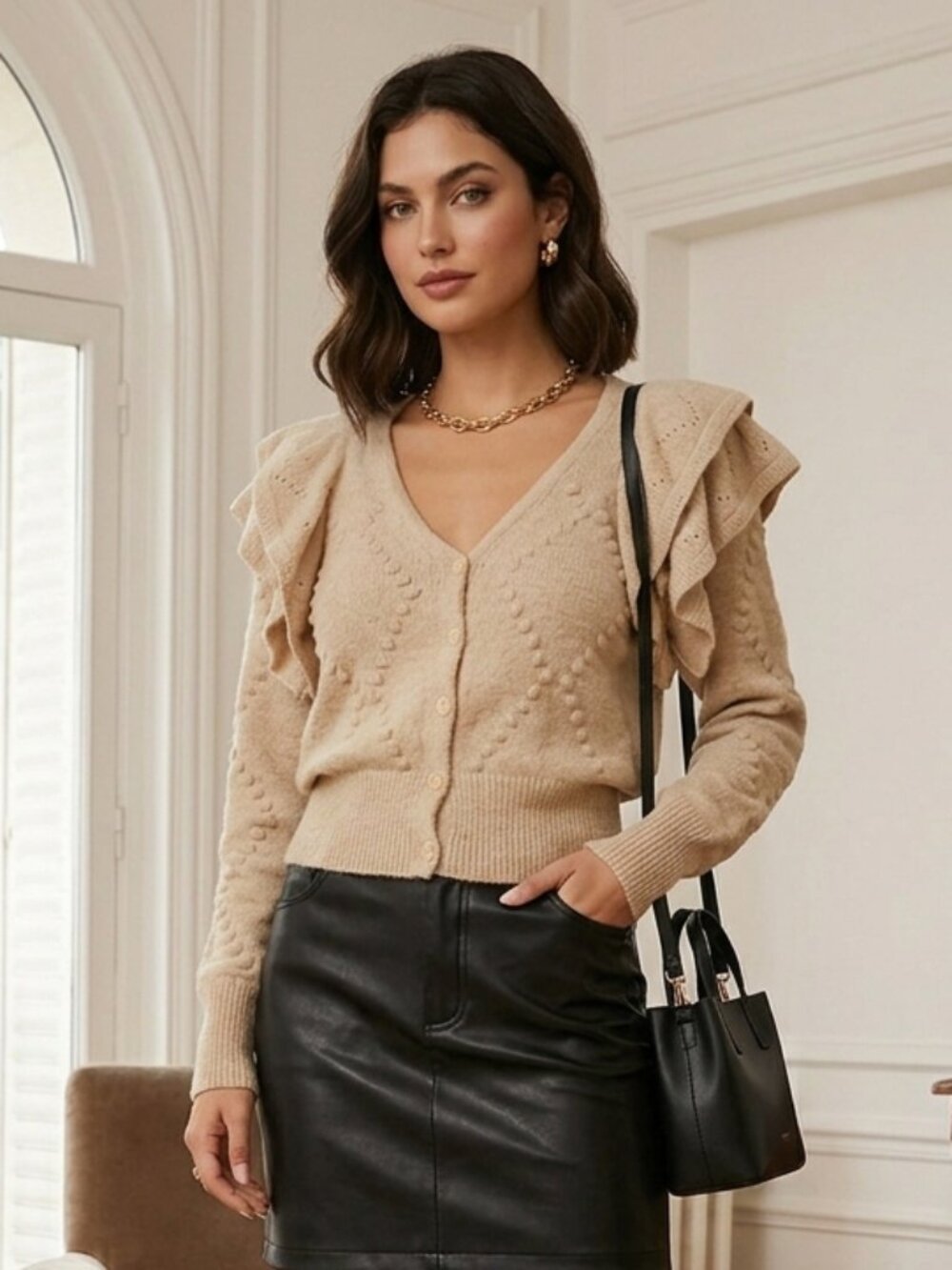 ASTR The Label Ruffle Shoulder Knit Beige Pointelle Bobble Cardigan Sz XL NWT
